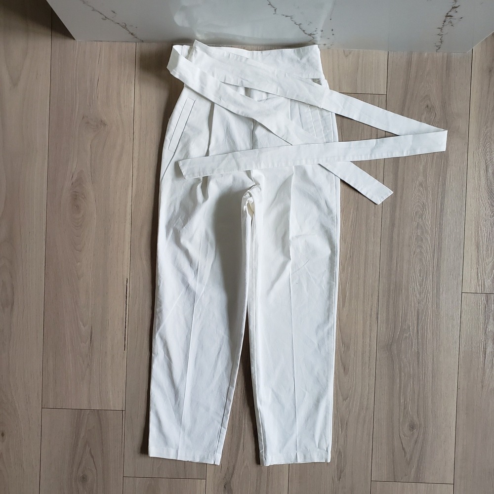 Anthropologie‎ Pants Womens XS White Paperbag Waist Belted Tapered Trouser